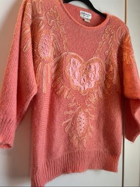 Adolfo Coral Pink Embellished Crewneck Sweater